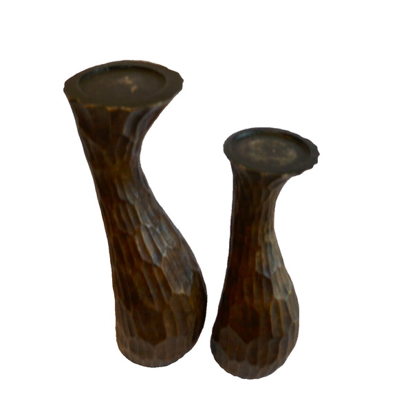 Pair Faux Wood Rustic Resin Curvy Textured Pillar Candle Holders - Picture 9 of 16